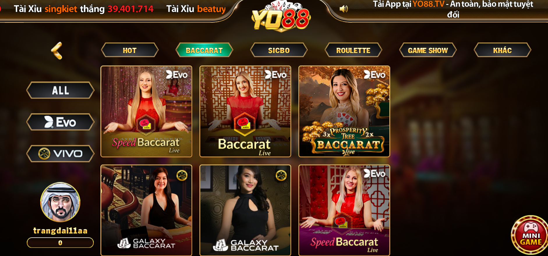 Yo88 có nhiều bàn chơi Baccarat thoải mái lựa chọn đặt cược